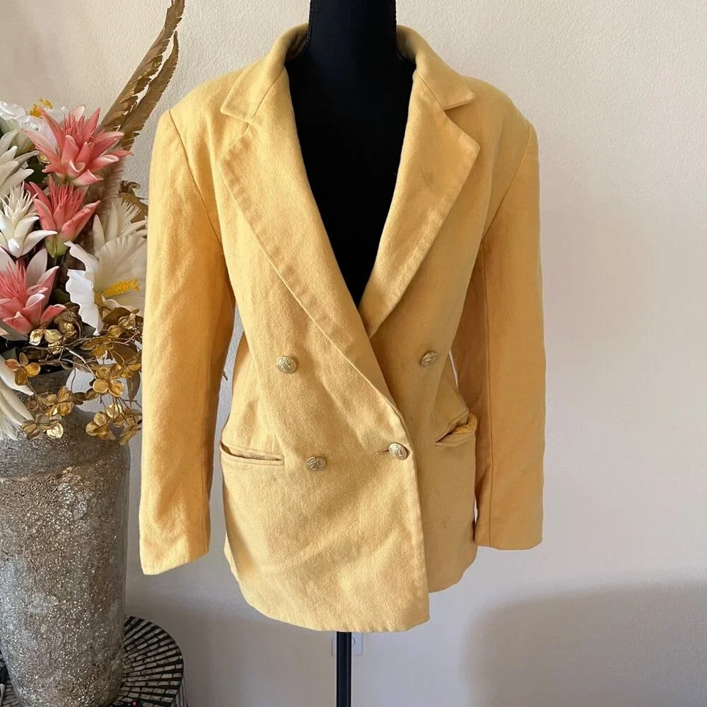 90s Vintage Stephanie Andrews 100% Pure Wool Retro Yellow Double Breasted Peacoa - Picture 1 of 8